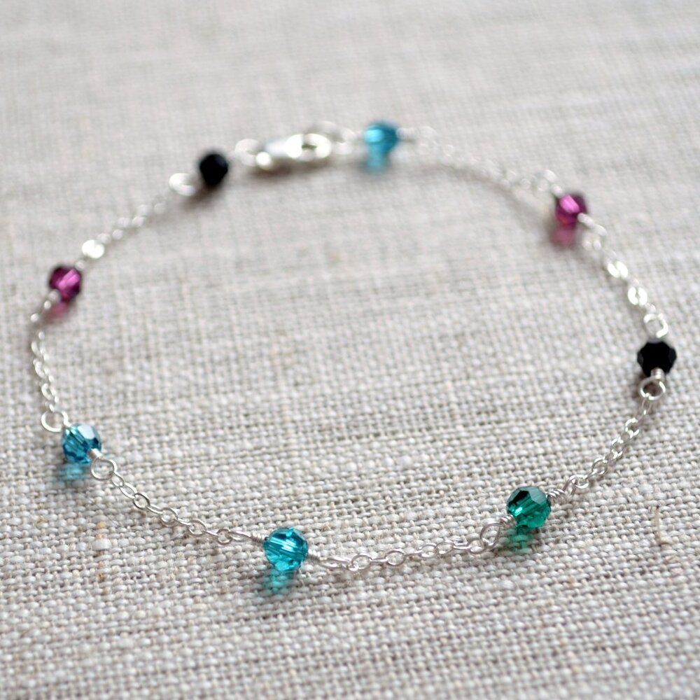 Handmade Crystal Bracelet in Peacock Colours, Sterling Silver